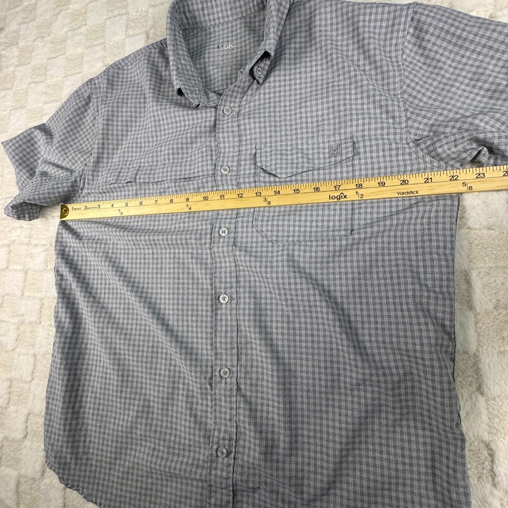 Huk Mens Grey Plaid Short Sleeve Button Down Fishing Shirt Size Medium Mesh Back - Picture 9 of 12
